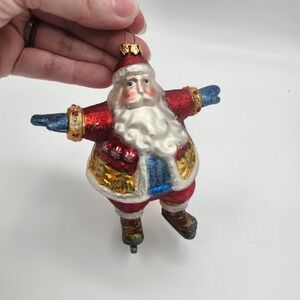 Vintage Glass Skating Santa Ornament‎ Folk Art European Style Christmas Glitter